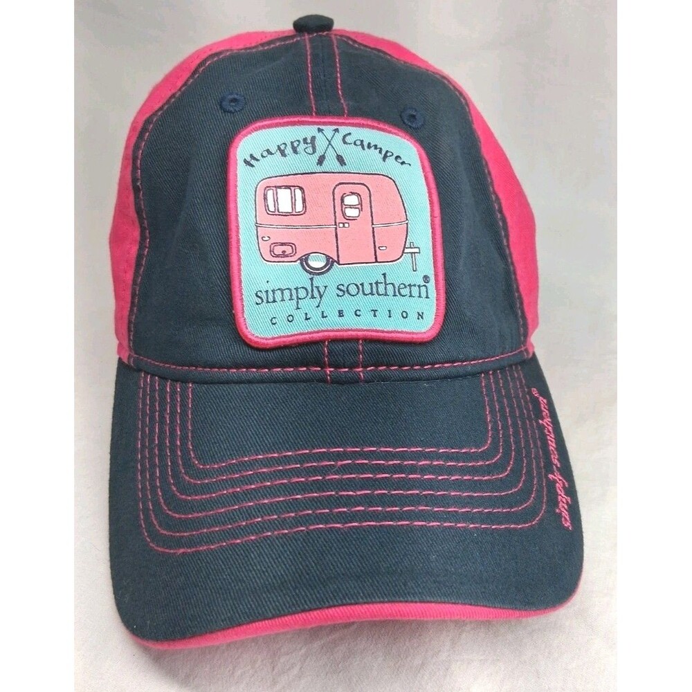 Simply Southern Happy Camper Women Baseball Cap Hat Pink & Blue Adult Vacation
